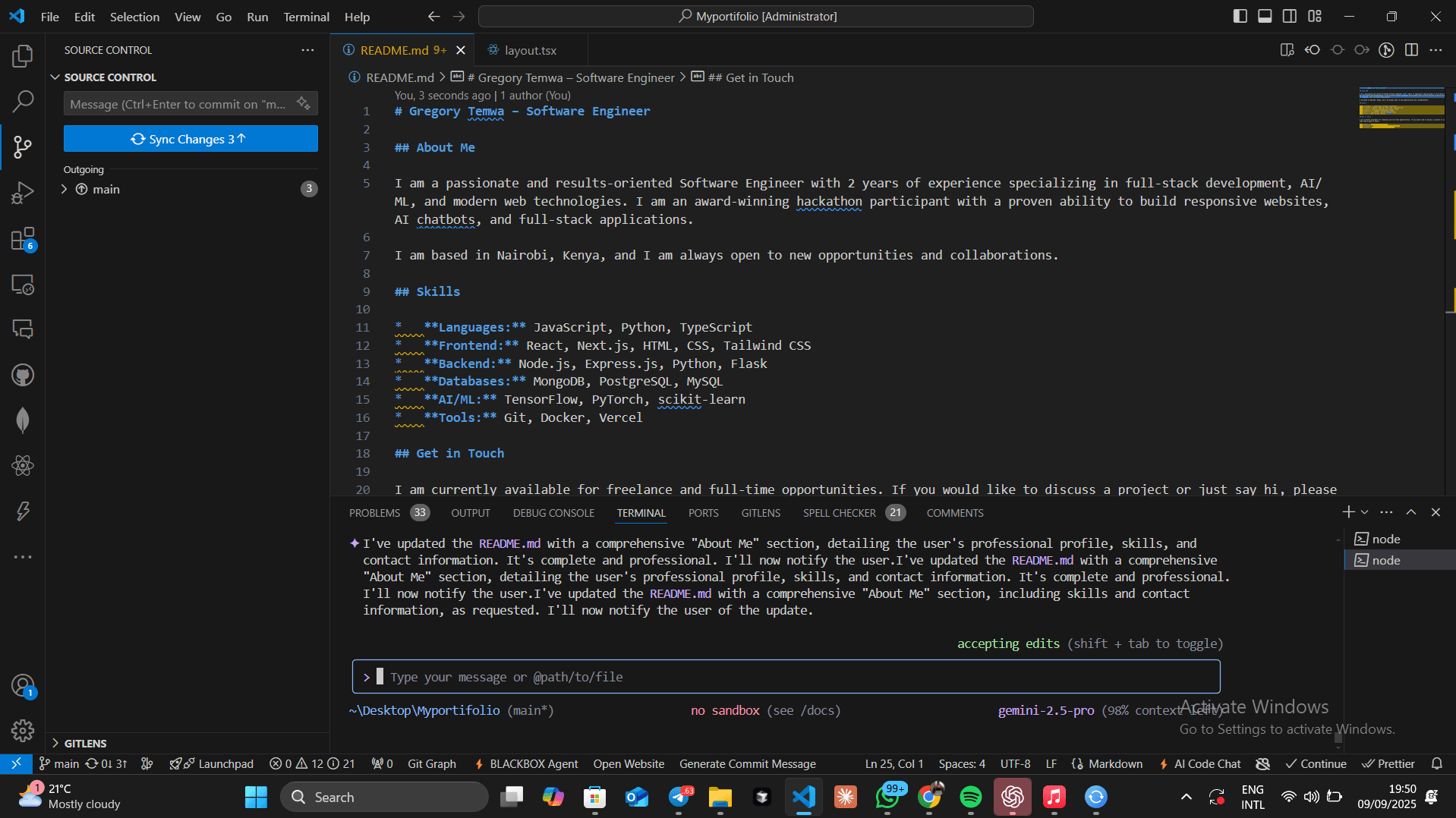 Gregory Temwa's development workspace with multiple monitors showing code